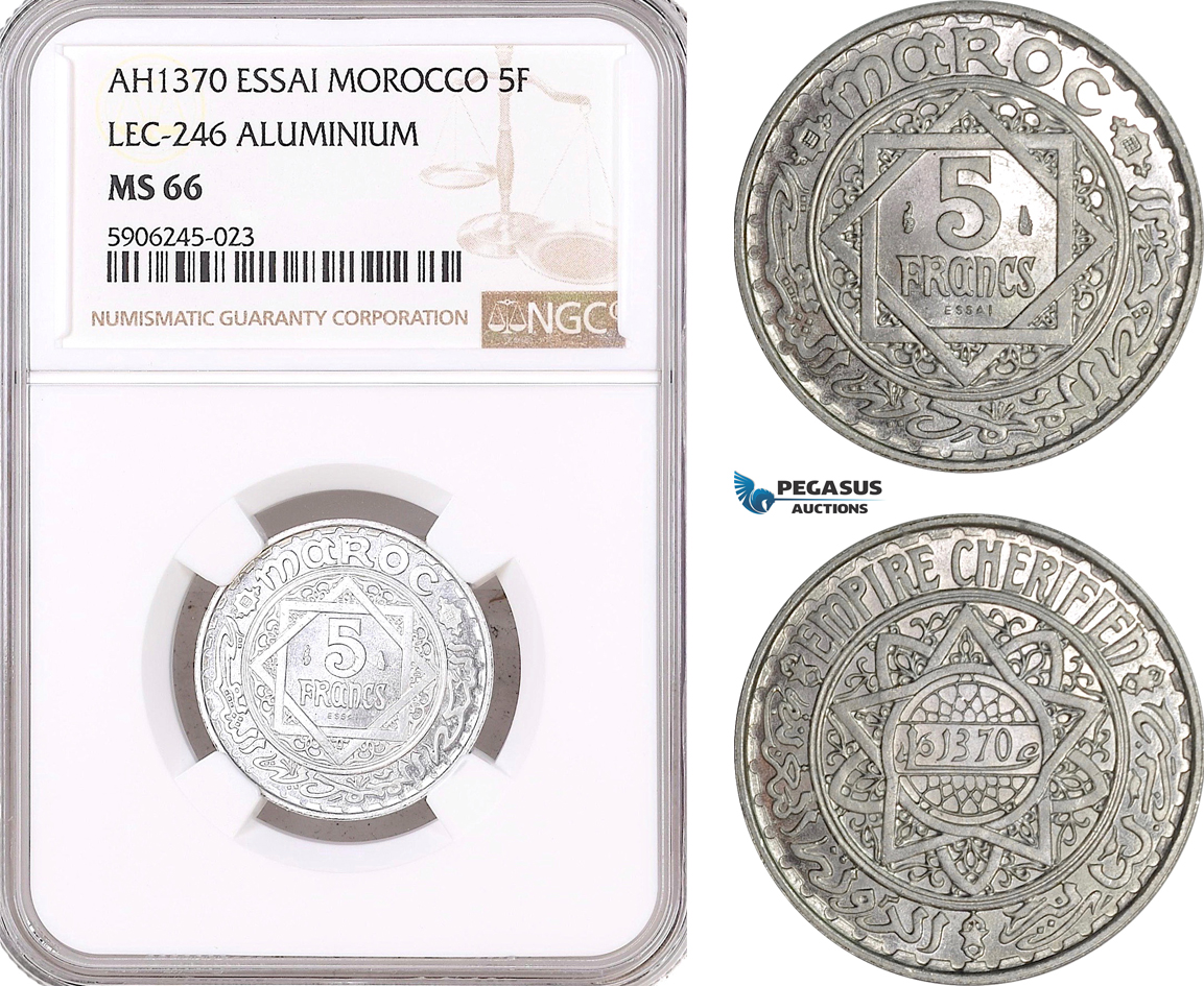 AF582, Morocco, Mohammed V, Essai 5 Francs AH1370, Lec-246 Aluminum, NGC MS66