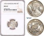 AF616, New Zealand, George V, Sixpence (6p) 1933, London, Silver, NGC MS65