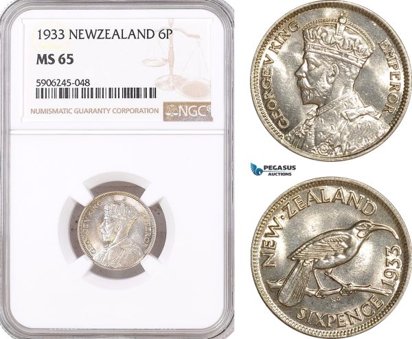 AF616, New Zealand, George V, Sixpence (6p) 1933, London, Silver, NGC MS65