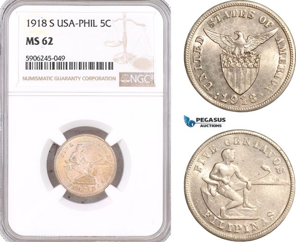 AF619, Philippines (US Administration) 5 Centavos 1918-S, San Francisco, NGC MS62