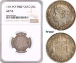 AF621, Puerto Rico (Spanish Adm.) Alfonso XIII, 20 Centavos 1895 PGV, Valencia, Silver, NGC AU53