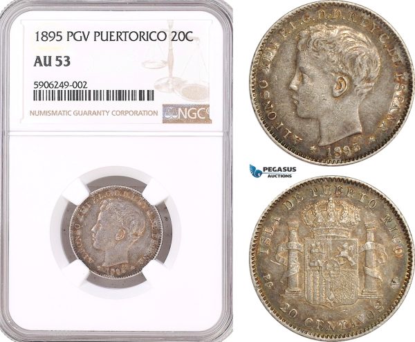 AF621, Puerto Rico (Spanish Adm.) Alfonso XIII, 20 Centavos 1895 PGV, Valencia, Silver, NGC AU53