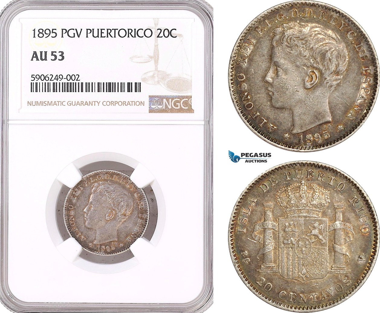 AF621, Puerto Rico (Spanish Adm.) Alfonso XIII, 20 Centavos 1895 PGV, Valencia, Silver, NGC AU53