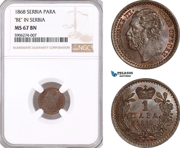 AF631, Serbia, M. Obrenovic III, 1 Para 1868, NGC MS67BN, Top Pop!