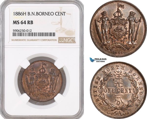 AF656, British North Borneo, 1 Cent 1886-H, Heaton, NGC MS64RB