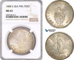 AF698, Philippines (US Administration) Peso 1908-S, San Francisco, Silver, NGC MS63
