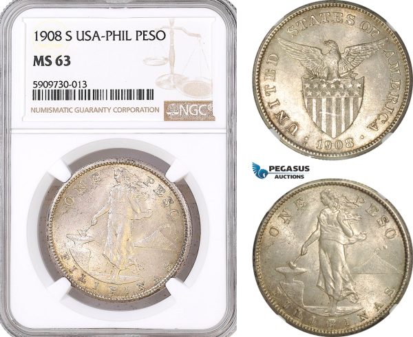 AF698, Philippines (US Administration) Peso 1908-S, San Francisco, Silver, NGC MS63
