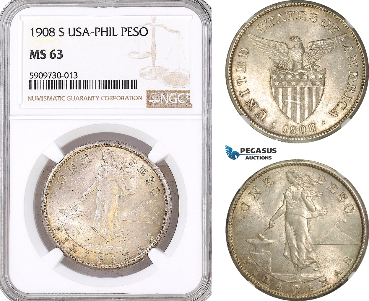 AF698, Philippines (US Administration) Peso 1908-S, San Francisco, Silver, NGC MS63