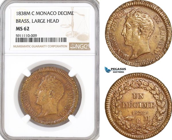 AF710, Monaco, Honore V, Decime 1838 MC, Brass, Large Head, NGC MS62