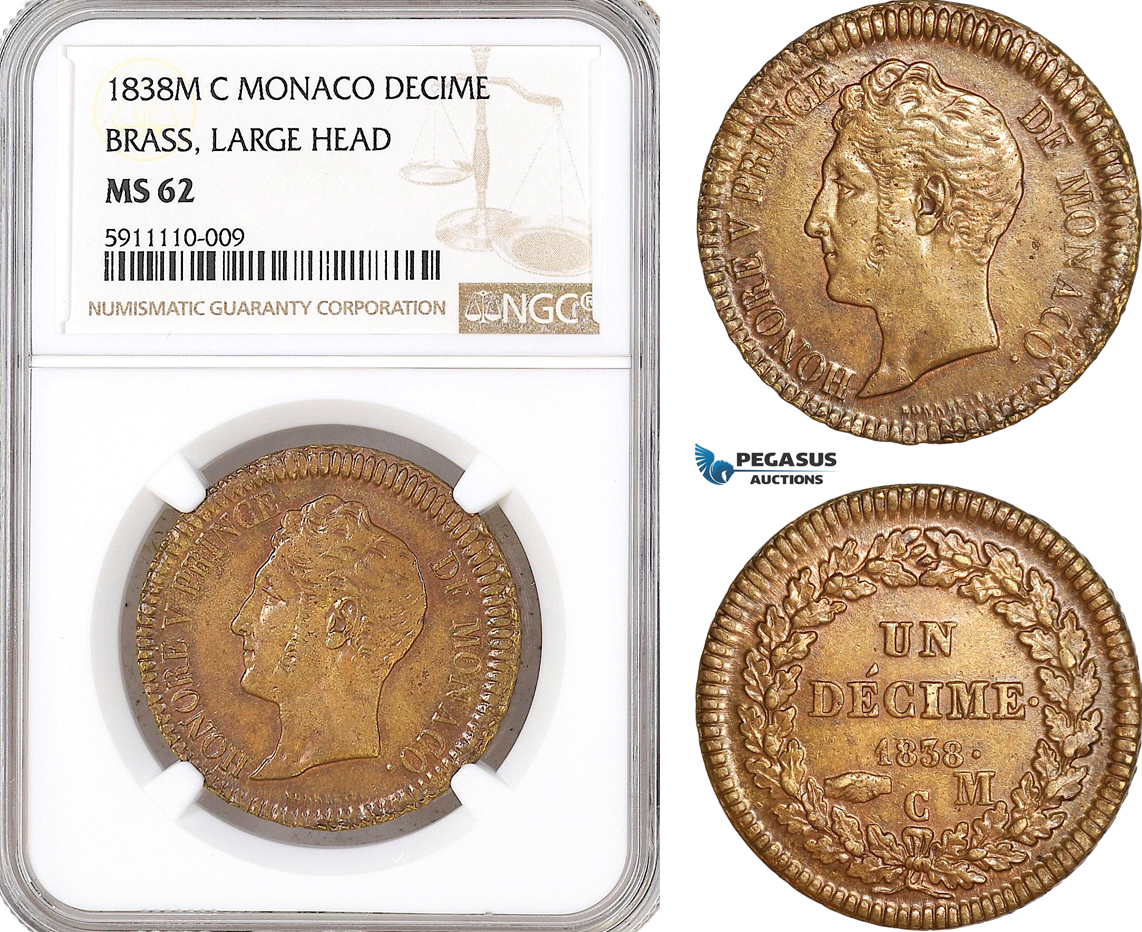 AF710, Monaco, Honore V, Decime 1838 MC, Brass, Large Head, NGC MS62