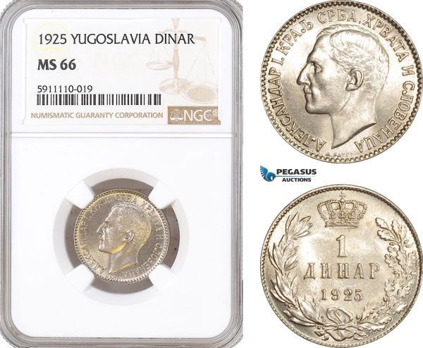AF713, Yugoslavia, Alexander I, 1 Dinar 1925, NGC MS66