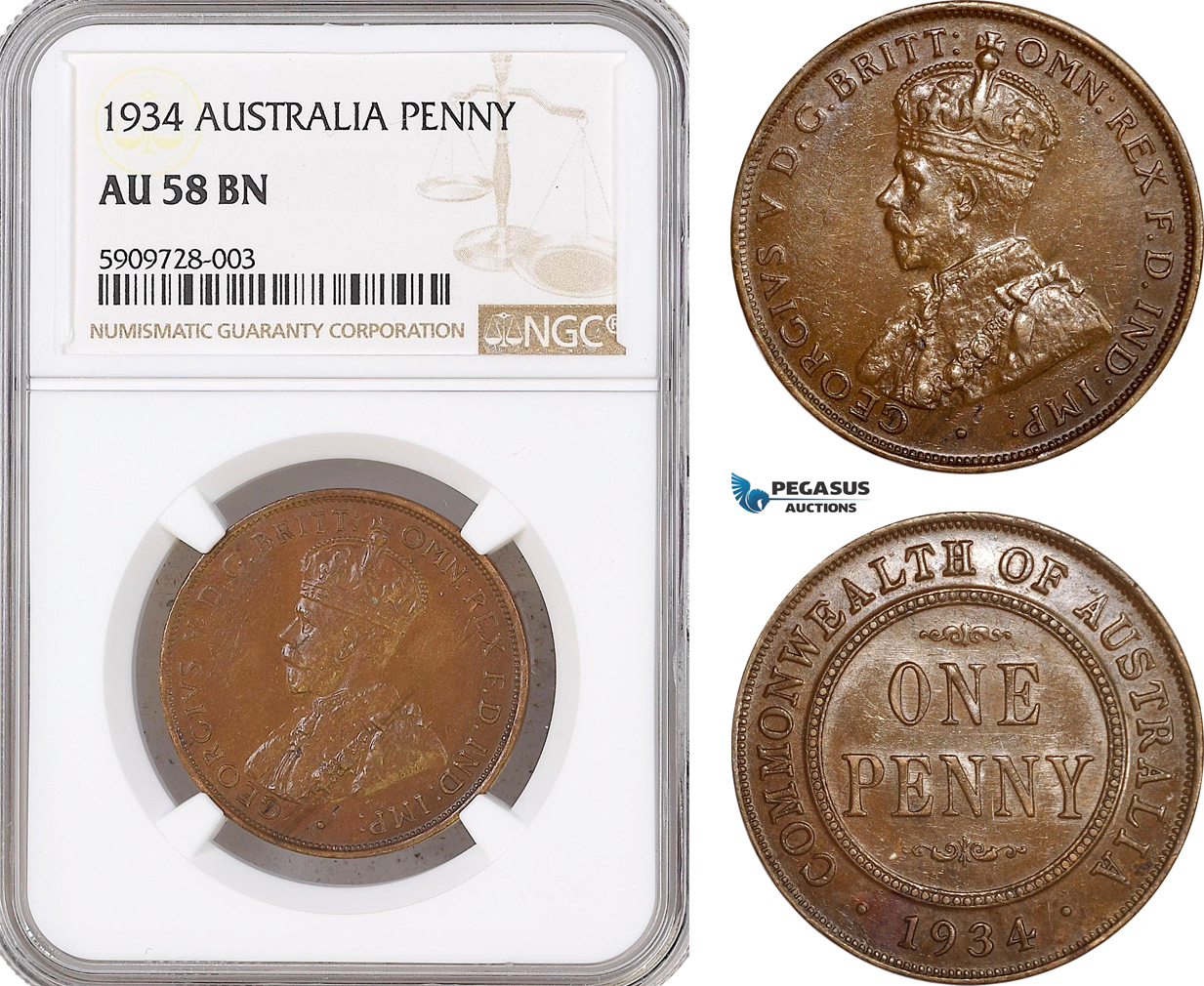 AF714, Australia, George V, Penny 1934, NGC AU58BN