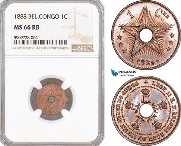 AF715, Belgian Congo, Leopold II, 1 Centime 1888, NGC MS66RB, Top Pop