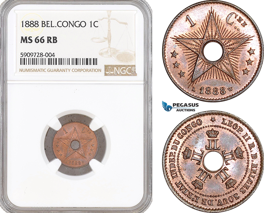 AF715, Belgian Congo, Leopold II, 1 Centime 1888, NGC MS66RB, Top Pop