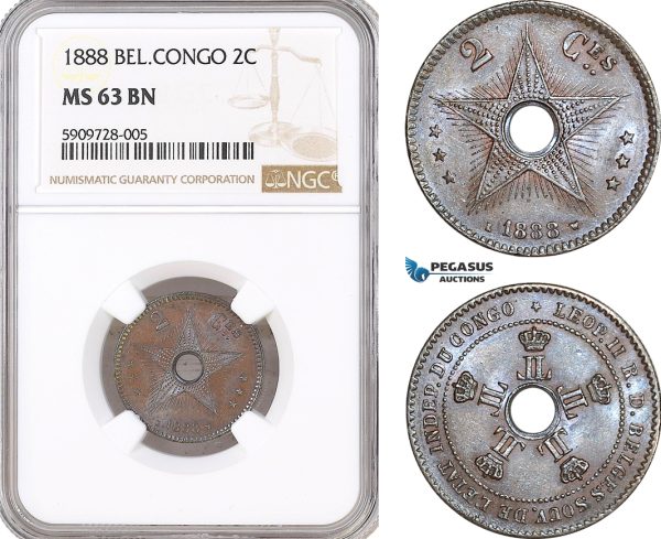 AF716, Belgian Congo, Leopold II, 2 Centimes 1888, NGC MS63RB