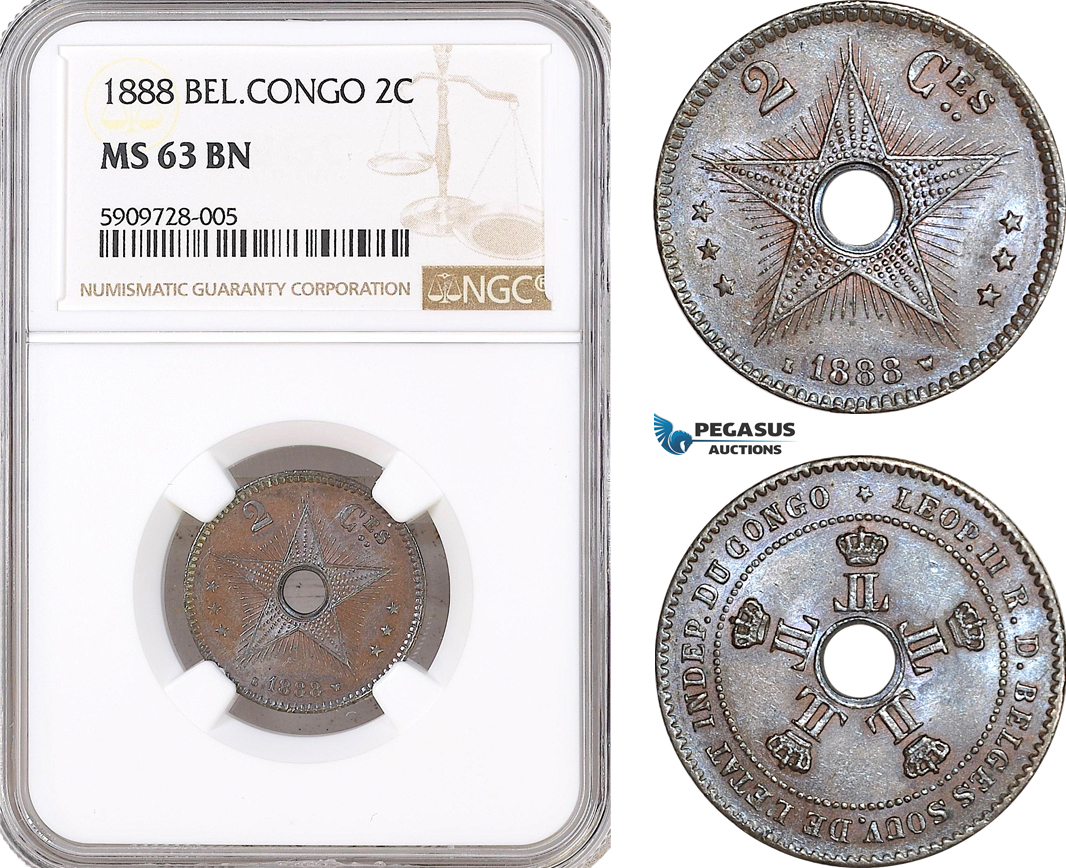 AF716, Belgian Congo, Leopold II, 2 Centimes 1888, NGC MS63RB