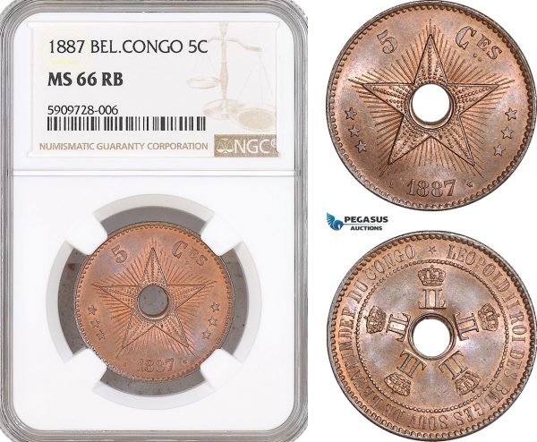 AF717, Belgian Congo, Leopold II, 5 Centimes 1887, NGC MS66RB, Pop 2/0