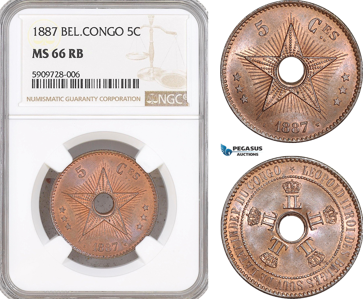 AF717, Belgian Congo, Leopold II, 5 Centimes 1887, NGC MS66RB, Pop 2/0