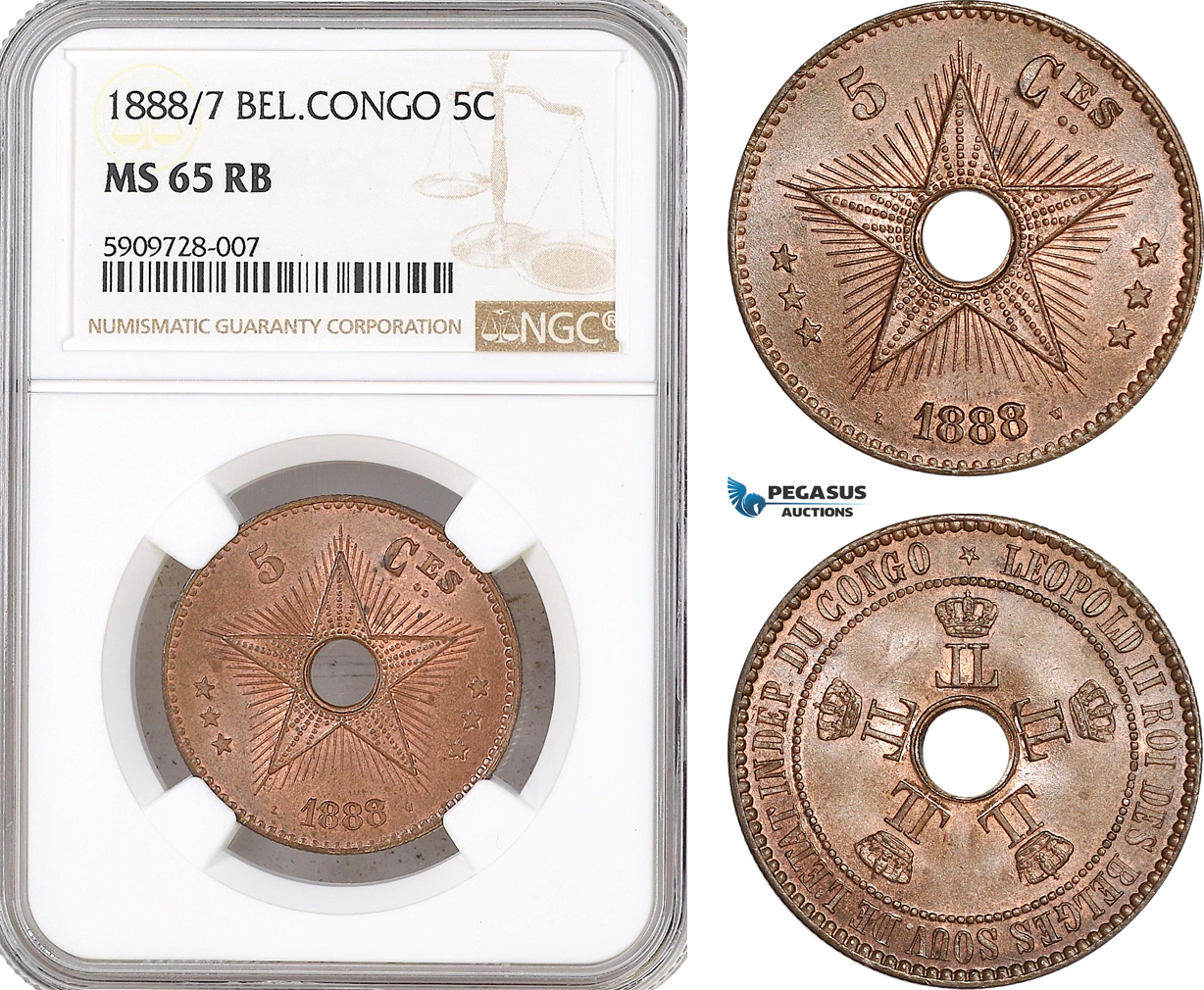 AF718, Belgian Congo, Leopold II, 5 Centimes 1888/7, NGC MS65RB