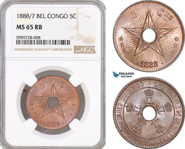 AF719, Belgian Congo, Leopold II, 5 Centimes 1888/7, NGC MS65RB