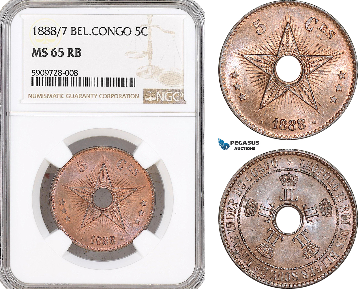 AF719, Belgian Congo, Leopold II, 5 Centimes 1888/7, NGC MS65RB