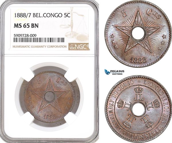 AF720, Belgian Congo, Leopold II, 5 Centimes 1888/7, NGC MS65BN