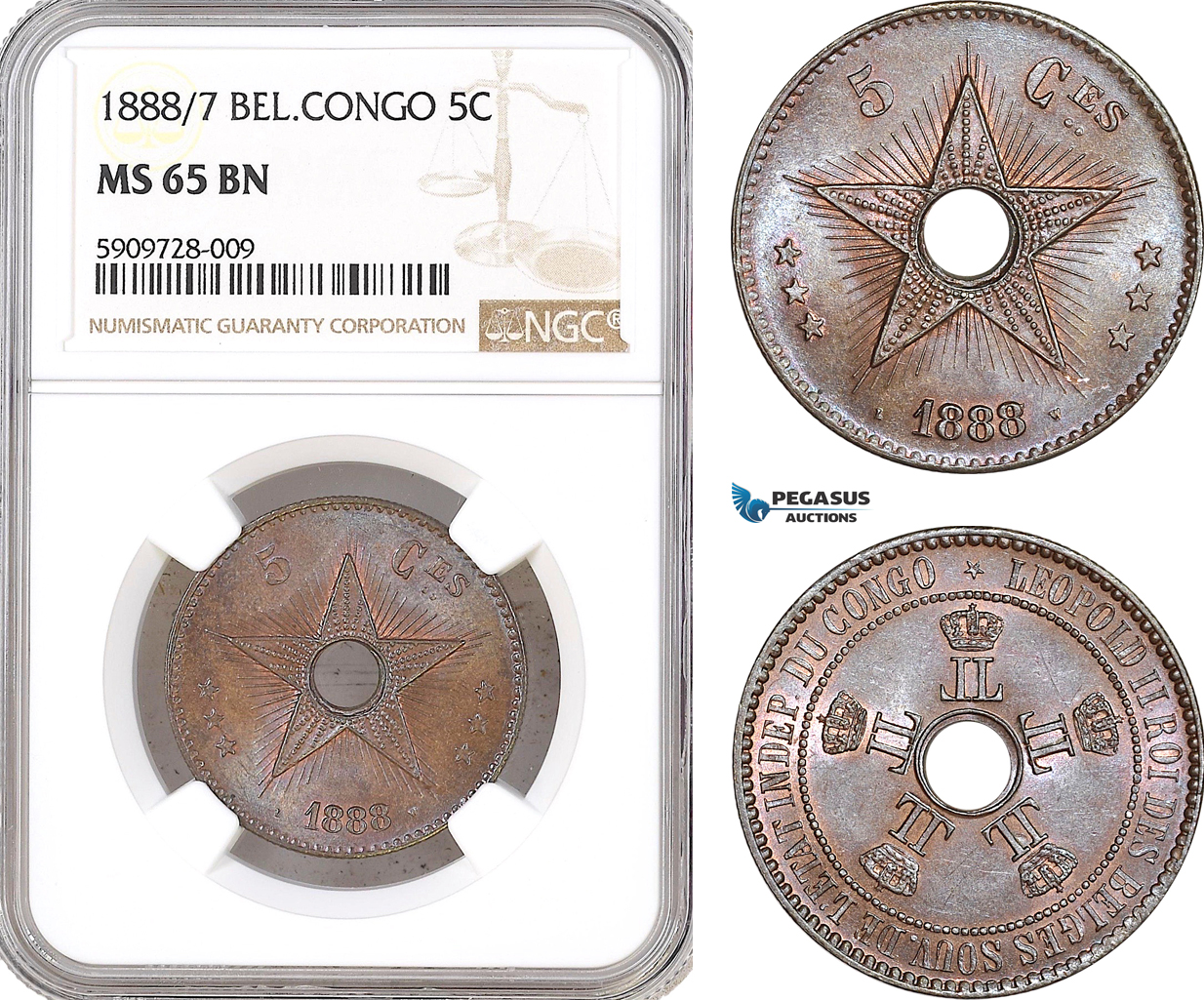 AF720, Belgian Congo, Leopold II, 5 Centimes 1888/7, NGC MS65BN