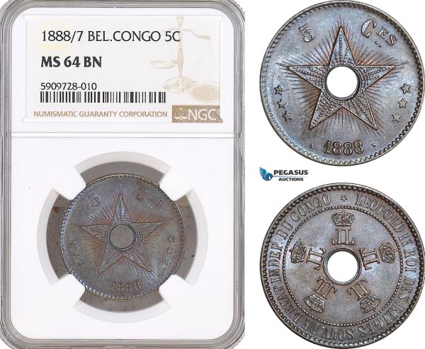 AF721, Belgian Congo, Leopold II, 5 Centimes 1888/7, NGC MS64BN