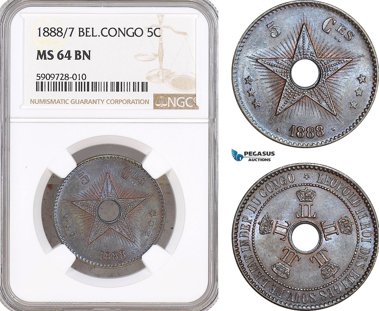 AF721, Belgian Congo, Leopold II, 5 Centimes 1888/7, NGC MS64BN