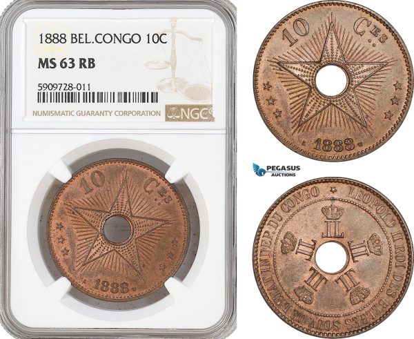 AF722, Belgian Congo, Leopold II, 10 Centimes 1888, NGC MS63RB