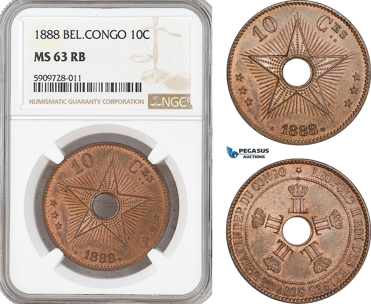 AF722, Belgian Congo, Leopold II, 10 Centimes 1888, NGC MS63RB