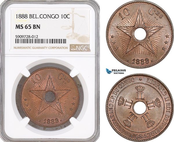 AF723, Belgian Congo, Leopold II, 10 Centimes 1888, NGC MS65BN