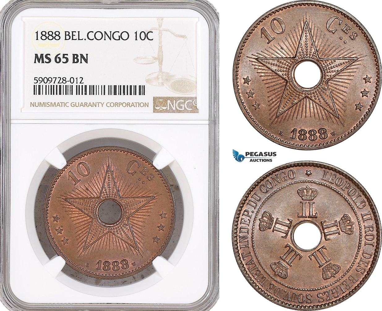 AF723, Belgian Congo, Leopold II, 10 Centimes 1888, NGC MS65BN