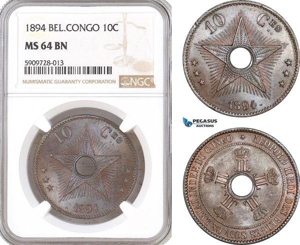 AF724, Belgian Congo, Leopold II, 10 Centimes 1894, NGC MS64BN