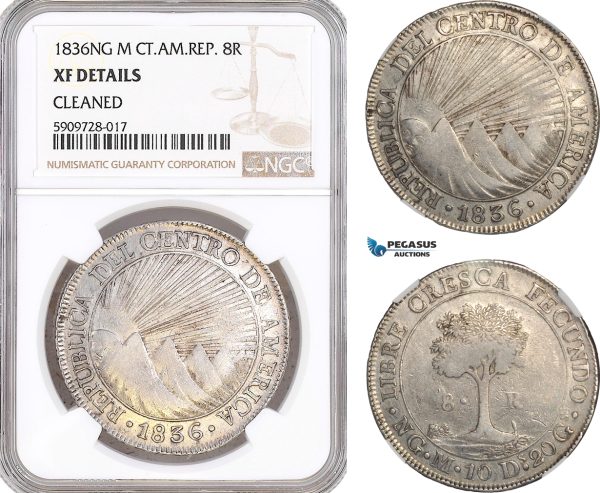 AF727, Central American Republic, Guatemala, 8 Reales 1836 NG M, Nueva Guatemala, Silver, NGC XF Det.