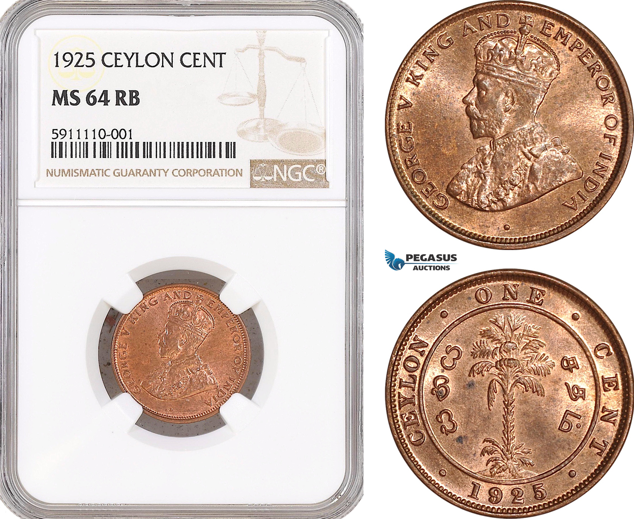 AF729, Ceylon, George V, 1 Cent 1925, NGC MS64RB, Top Pop