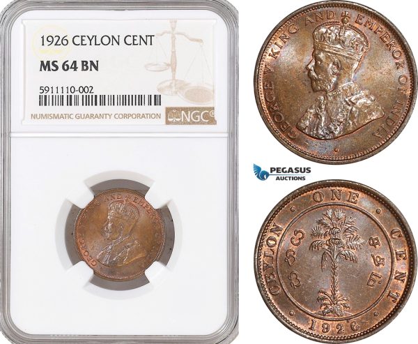 AF730, Ceylon, George V, 1 Cent 1926, NGC MS64BN