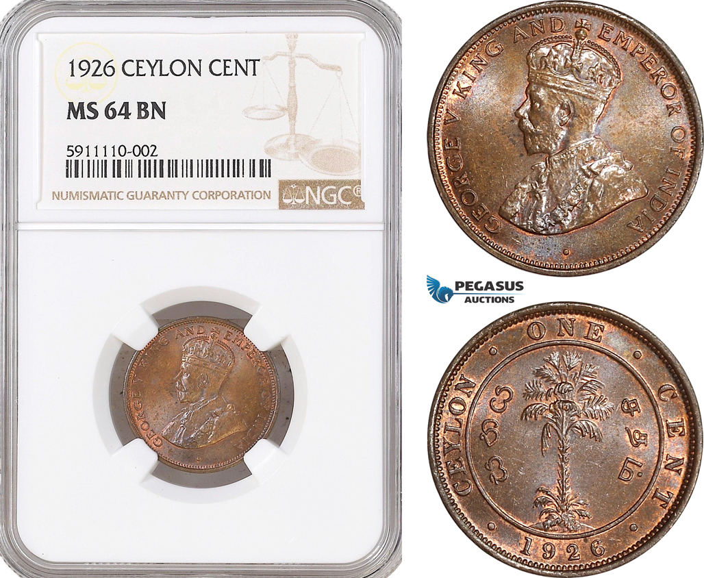 AF730, Ceylon, George V, 1 Cent 1926, NGC MS64BN