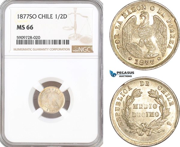 AF731, Chile, 1/2 Decimo 1877 So, Santiago, Silver, NGC MS66, Pop 3/0