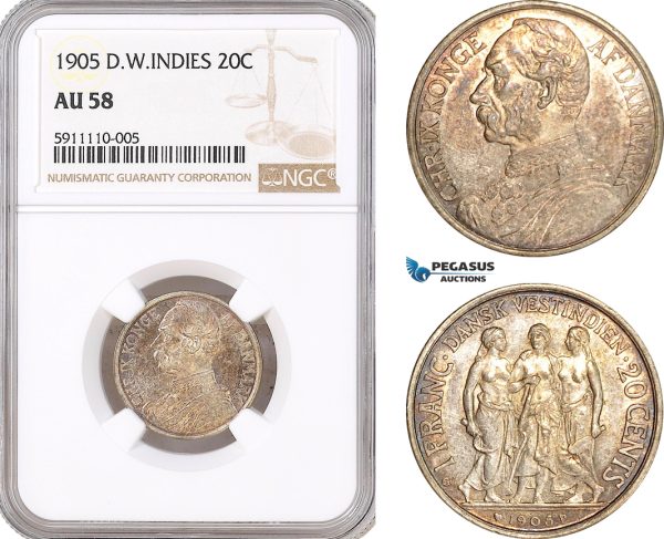 AF742, Danish West Indies, Christian IX, 1 Franc / 20 Cents 1905, Copenhagen, Silver, NGC AU58
