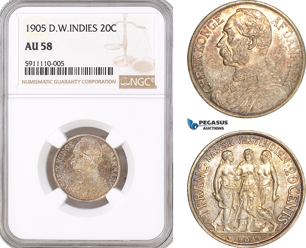 AF742, Danish West Indies, Christian IX, 1 Franc / 20 Cents 1905, Copenhagen, Silver, NGC AU58