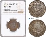 AF743, Dominican Republic, 5 Centesimos 1891-A, Paris, NGC MS63BN