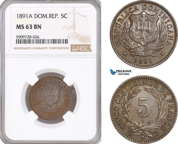 AF743, Dominican Republic, 5 Centesimos 1891-A, Paris, NGC MS63BN