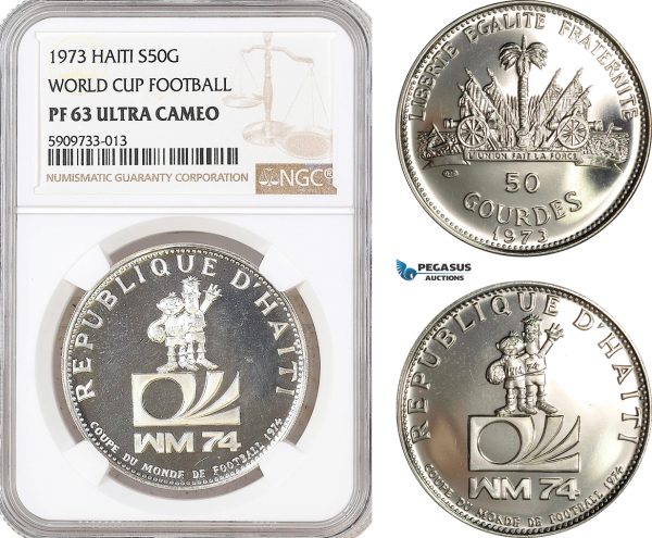 AF760, Haiti, 50 Gourdes 1973, Silver, World Cup Football, NGC PF63UC