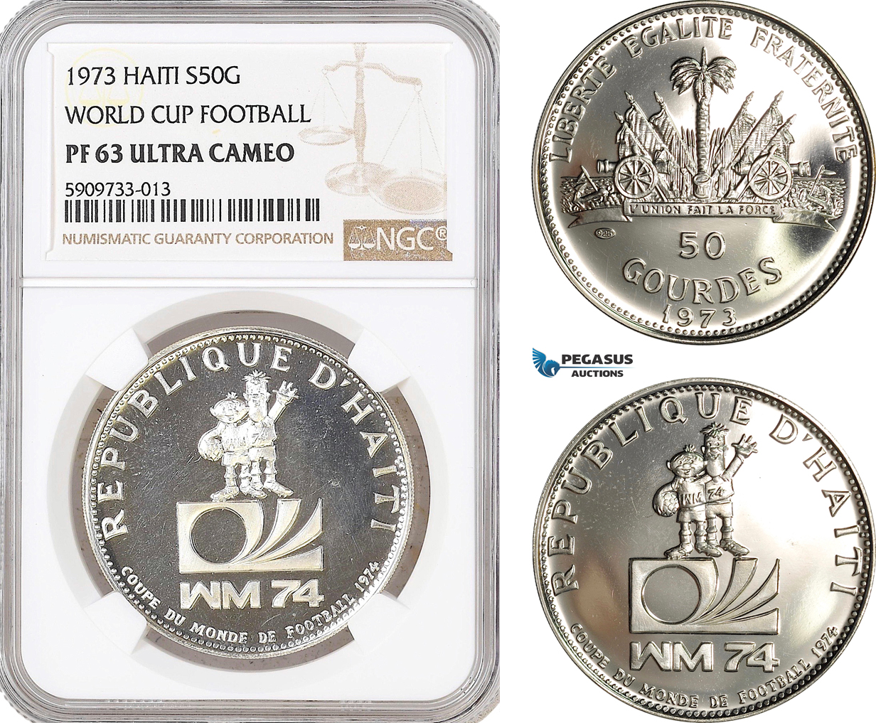 AF760, Haiti, 50 Gourdes 1973, Silver, World Cup Football, NGC PF63UC