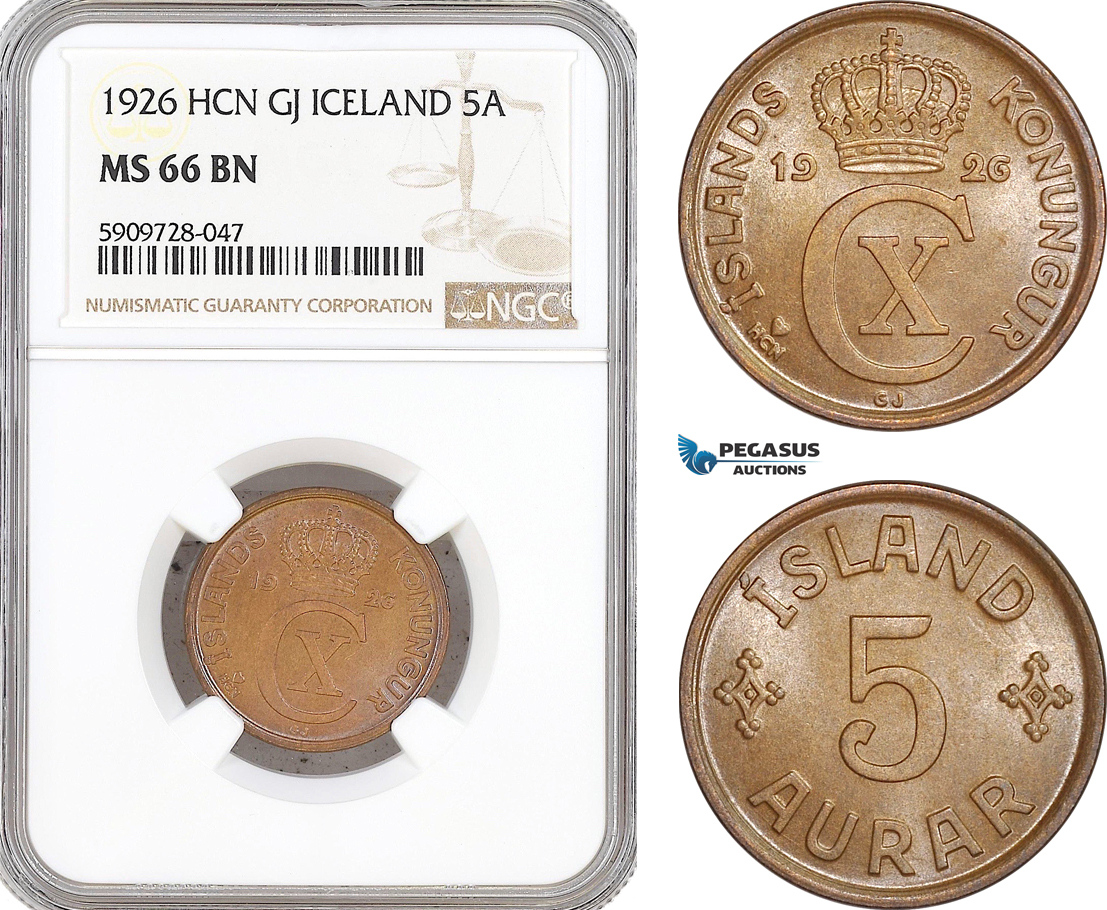AF764, Iceland, Christian X. of Denmark, 5 Aurar 1926, Copenhagen, NGC MS66BN, Pop 2/0