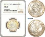 AF798, Russia (Soviet) 50 Kopeks 1921 (АГ) Leningrad, Silver, NGC MS63