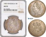 AF823, Venezuela, 5 Bolivares 1905, Paris, Silver, NGC AU55, Rare!