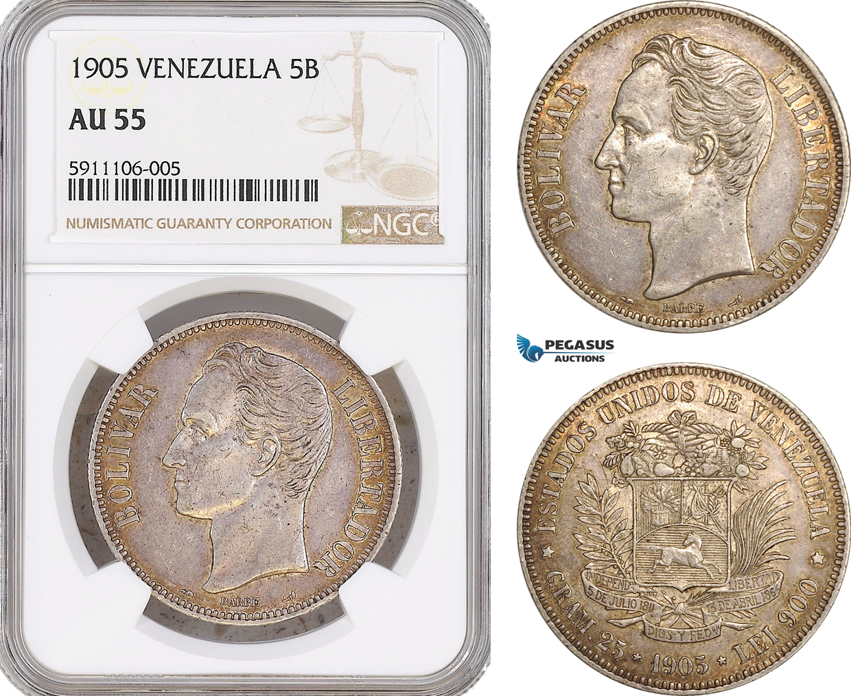 AF823, Venezuela, 5 Bolivares 1905, Paris, Silver, NGC AU55, Rare!