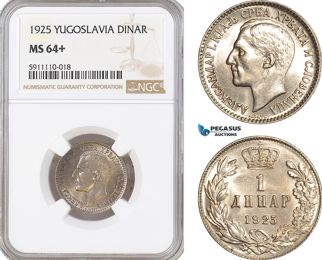 AF824, Yugoslavia, Alexander I, 1 Dinar 1925, NGC MS64+